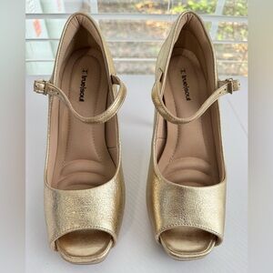 Gold Ankle Strap Peep Toe Heels